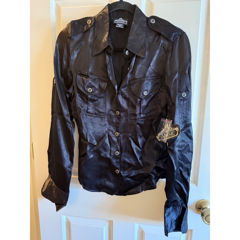 Angie Black Satin Button Down Utility Shirt Rayon Epaulettes NWT Large